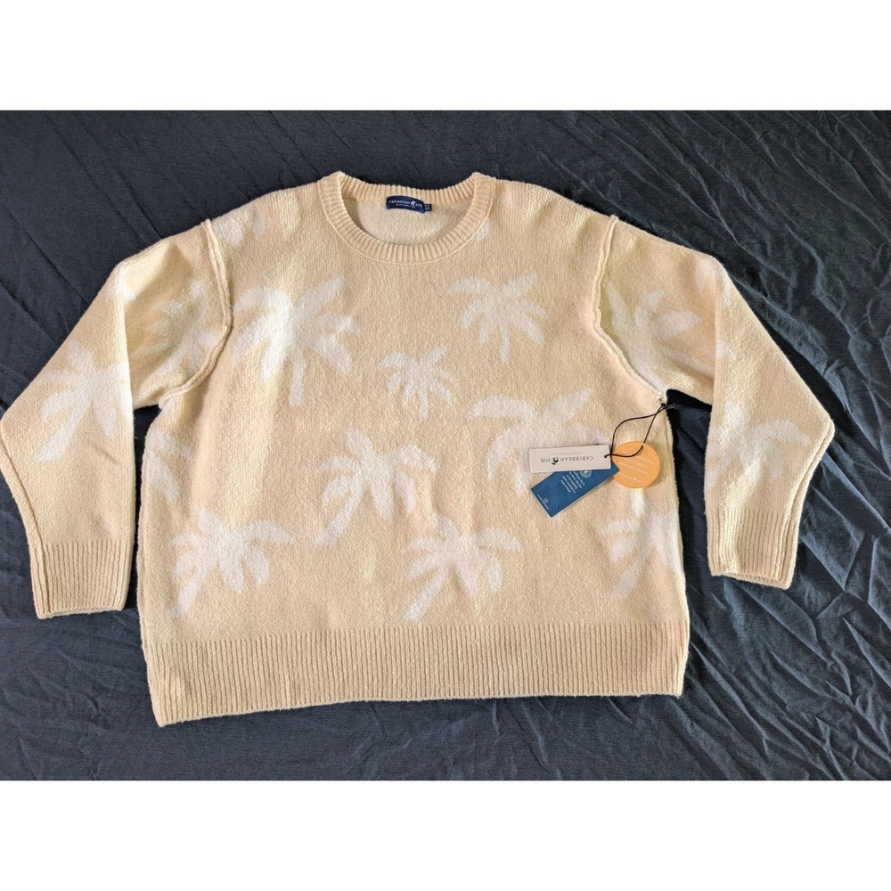 Caribbean Joe Petite Large Tan Palm Tree Knit Pullover Sweater CJAPLS-1182 NWT